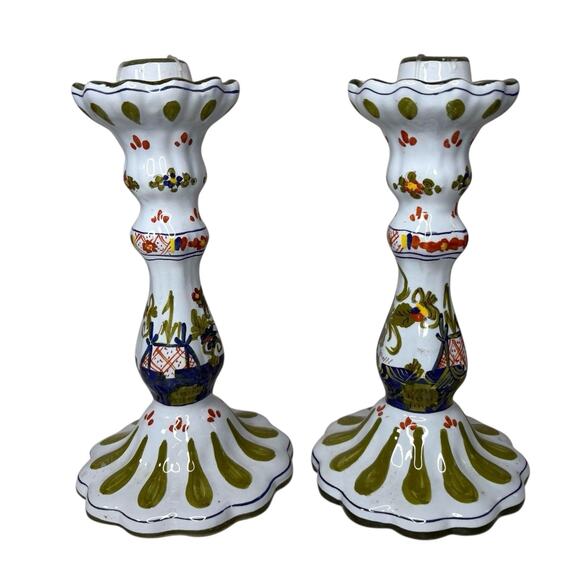 Vintage Hand Painted Italian Faience Candlesticks Floral Majolica Repaired As Is - Picture 4 of 16